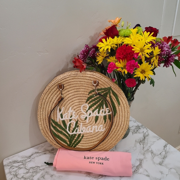 kate spade Handbags - kate spade Natural Straw Round Tote with Green Leaf Embroidery and White Script